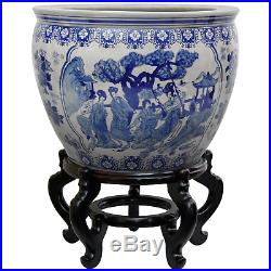 Oriental Furniture 16 Ladies Blue & White Porcelain Fishbowl