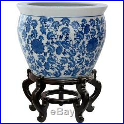 Oriental Furniture 16in Floral Blue White Porcelain Fishbowl Ceramic Planter Pot