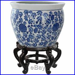 Oriental Furniture 18 Porcelain Fishbowl Blue & White Floral