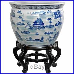 Oriental Furniture 18 Porcelain Fishbowl Blue & White Landscape