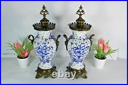 PAIR Antique Boch pottery delft blue white decor caryatid heads vases