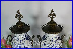 PAIR Antique Boch pottery delft blue white decor caryatid heads vases