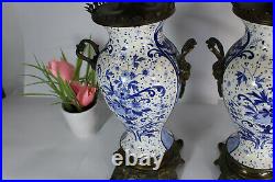 PAIR Antique Boch pottery delft blue white decor caryatid heads vases