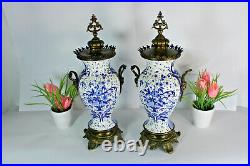 PAIR Antique Boch pottery delft blue white decor caryatid heads vases