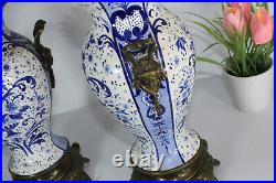 PAIR Antique Boch pottery delft blue white decor caryatid heads vases