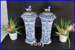 PAIR BOCH blue white delft pottery decor Bird Vases foo dogs marked