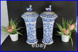 PAIR BOCH blue white delft pottery decor Bird Vases foo dogs marked