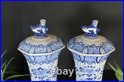 PAIR BOCH blue white delft pottery decor Bird Vases foo dogs marked