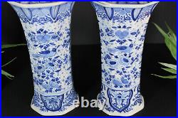PAIR BOCH blue white delft pottery decor Bird Vases foo dogs marked