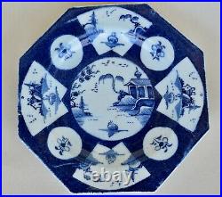 PAIR OF BOW PORCELAIN FAN PANELLED LANDSCAPE BLUE AND WHITE PLATES c1765