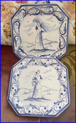 PAIR VIETRI Italian Pottery OCTAGONAL Hand-Painted Blue/White WALL PLATES EUC