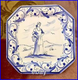 PAIR VIETRI Italian Pottery OCTAGONAL Hand-Painted Blue/White WALL PLATES EUC