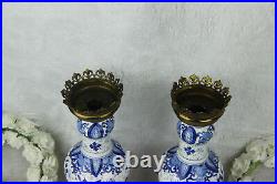 PAIR antique BOCH Pottery Delft blue white birds floral decor Vase candle holder