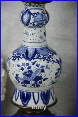 PAIR antique BOCH Pottery Delft blue white birds floral decor Vase candle holder