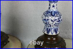 PAIR antique delft blue white pottery Candelabras candle holder Satyr heads