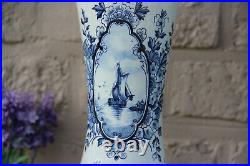 PAIR delft pottery ceramic blue white Sailing dutch landscape Vases
