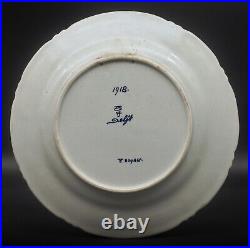 PERFECT Antique Porceleyne Fles blue & white floral Delft plate with a Bird 1918