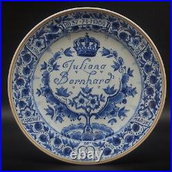 PERFECT Porceleyne Fles blue & white Dutch Royalty Delft plate Juliana 1962