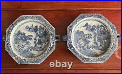 Pair 18th Century Antique Chinese Blue and White Porcelain Warm Plates Qianlong
