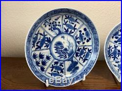 Pair 19th C Chinese Blue & White Kangxi Porcelain Dishes Plates Artemisia Leaf