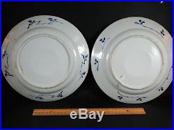 Pair Antique Chinese Blue White Dishes Rare CONVEX Centers 18th Century Kangxi