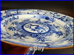 Pair Antique Chinese Blue White Dishes Rare CONVEX Centers 18th Century Kangxi