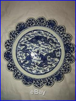 Pair Antique Chinese Blue White Porcelain Dragon Dish Qing Daoguang or Xianfeng