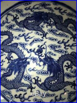 Pair Antique Chinese Blue White Porcelain Dragon Dish Qing Daoguang or Xianfeng