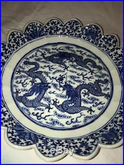 Pair Antique Chinese Blue White Porcelain Dragon Dish Qing Daoguang or Xianfeng