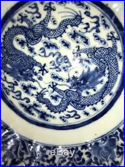 Pair Antique Chinese Blue White Porcelain Dragon Dish Qing Daoguang or Xianfeng