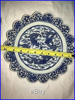 Pair Antique Chinese Blue White Porcelain Dragon Dish Qing Daoguang or Xianfeng