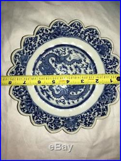 Pair Antique Chinese Blue White Porcelain Dragon Dish Qing Daoguang or Xianfeng