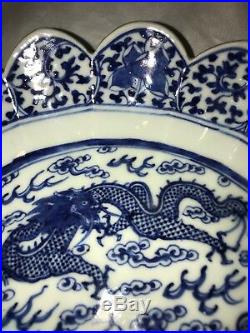 Pair Antique Chinese Blue White Porcelain Dragon Dish Qing Daoguang or Xianfeng