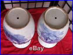 Pair Antique Chinese Blue & White Vases 19th Century Late Qing Dynasty 17 tall