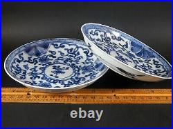 Pair Antique Chinese Ming Kangxi Transitional Blue White Saucer Dishes 17th C