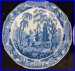 Pair Antique Davenport Chinoiserie Blue & White Transferware Dinner Plates