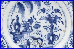Pair Antique Dutch Delft Blue And White Floral Design Plates 18th C