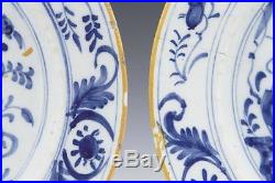 Pair Antique Dutch Delft Blue And White Floral Design Plates 18th C