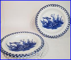 Pair Antique English Davenport Creamware Blue Transfer Reticulated Baskets Birds