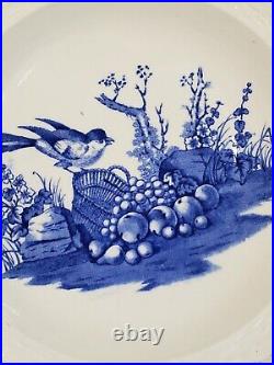 Pair Antique English Davenport Creamware Blue Transfer Reticulated Baskets Birds