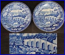 Pair Antique J & W Handleys Village Fisherman Blue & White Transferware Plates