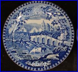 Pair Antique J & W Handleys Village Fisherman Blue & White Transferware Plates