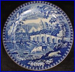 Pair Antique J & W Handleys Village Fisherman Blue & White Transferware Plates