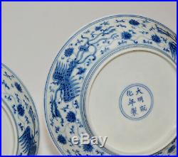 Pair of Fine Chinese Ming Chenghua Style Blue and White Phoenix Porcelain Plate
