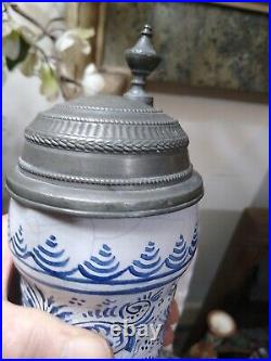 Pewter mounted Continental Hand painted blue and white 14 Delft Faiance 1769