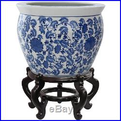 Porcelain Floral Fishbowl 14 Inch Bowl Vase Blue And White Planter Pot Vintage