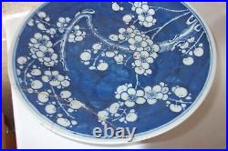 Qing Chinese Porcelain 25.3cm Blue + White Prunus Blossom Pattern Plate + Leaves