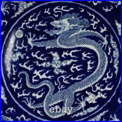 Qing Dynasty Kangxi Blue and White Dragon Pattern Plate Jingdezhen Porcelain, Ch