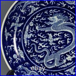 Qing Dynasty Kangxi Blue and White Dragon Pattern Plate Jingdezhen Porcelain, Ch