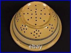 RARE 1860s AMERICAN 11 ¾ BLUE & WHITE 10 BAND JEFFORDS COLANDER YELLOW WARE